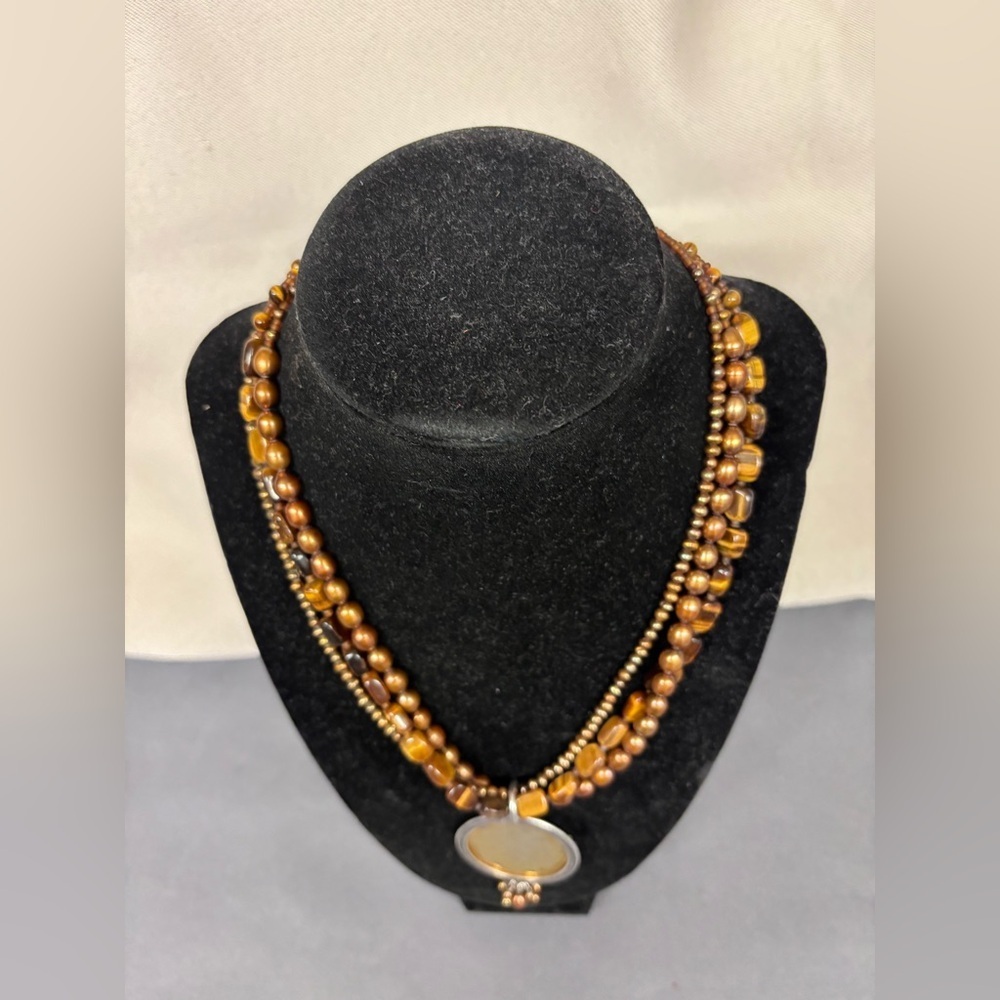 Silpada Multi-strand Tiger's Eye and Bonze Pearl Necklace w/ Brass Pendant N1838 - Picture 3 of 4